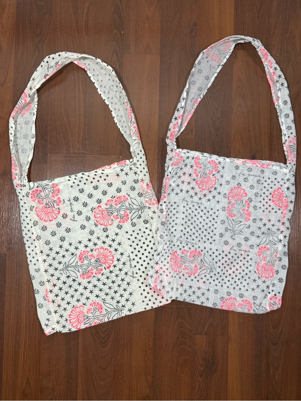 Free People White Sheer Cotton Muslin Bags with Pink Floral Print. Both bags
